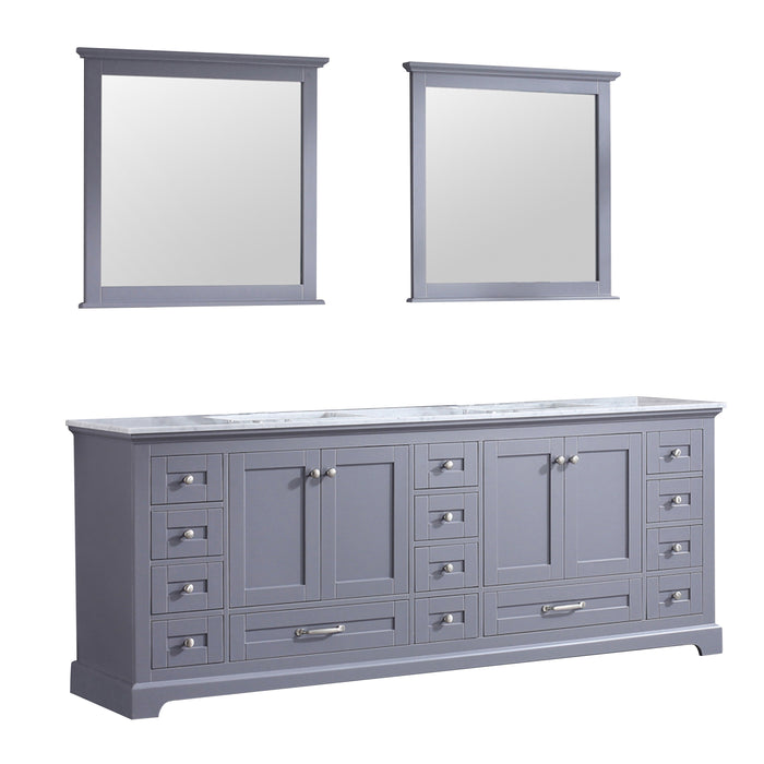 Lexora Dukes 84" Dark Grey Double Vanity, White Carrara Marble Top, White Square Sinks and 34" Mirrors