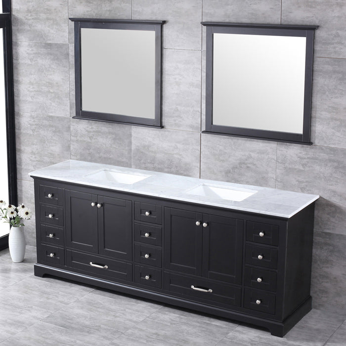 Lexora Dukes 84" Espresso Double Vanity, White Carrara Marble Top, White Square Sinks and 34" Mirrors
