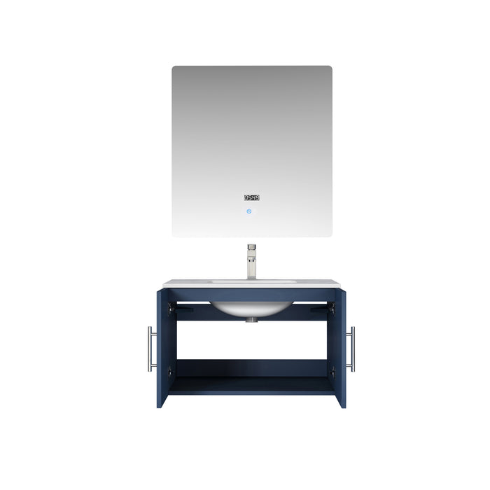 Lexora Geneva 30" Navy Blue Single Vanity, White Carrara Marble Top, White Square Sink and 30" LED Mirror w/ Faucet