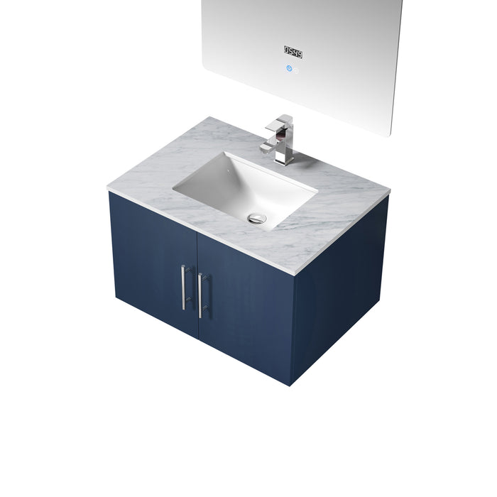 Lexora Geneva 30" Navy Blue Single Vanity, White Carrara Marble Top, White Square Sink and 30" LED Mirror w/ Faucet