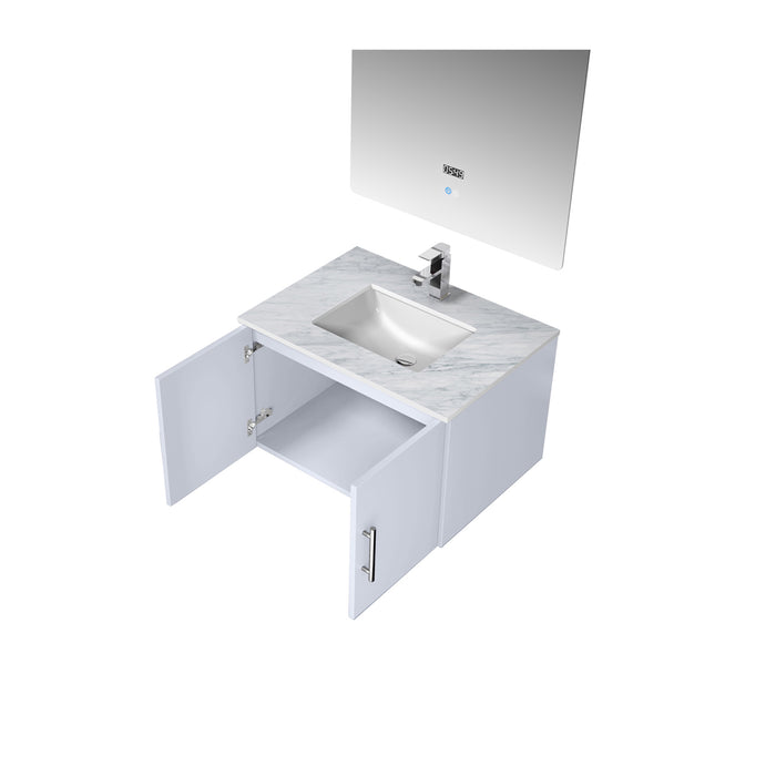 Lexora Geneva 30" Glossy White Single Vanity, White Carrara Marble Top, White Square Sink and 30" LED Mirror w/ Faucet