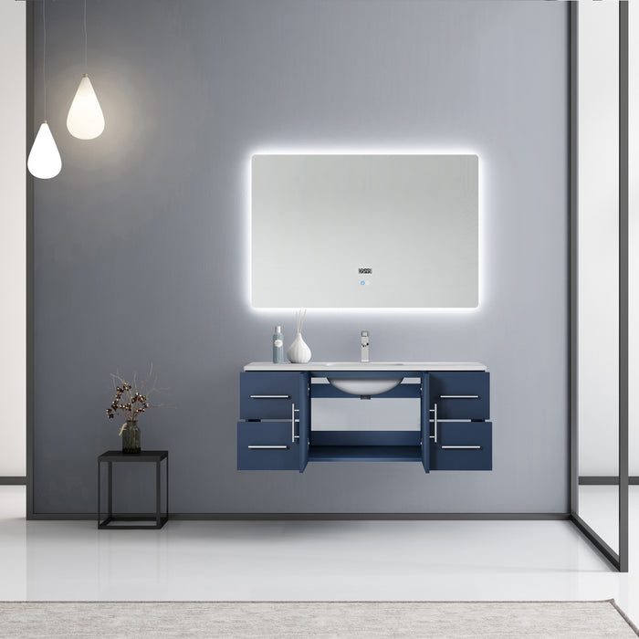 Lexora Geneva 48" Navy Blue Single Vanity, White Carrara Marble Top, White Square Sink and 48" LED Mirror w/ Faucet
