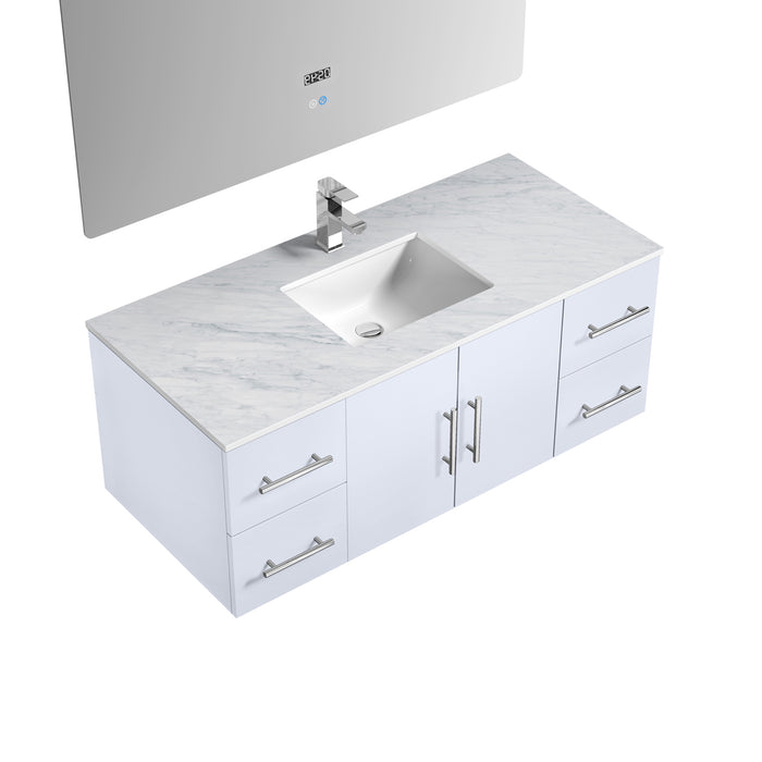 Lexora Geneva 48" Glossy White Single Vanity, White Carrara Marble Top, White Square Sink and 48" LED Mirror w/ Faucet
