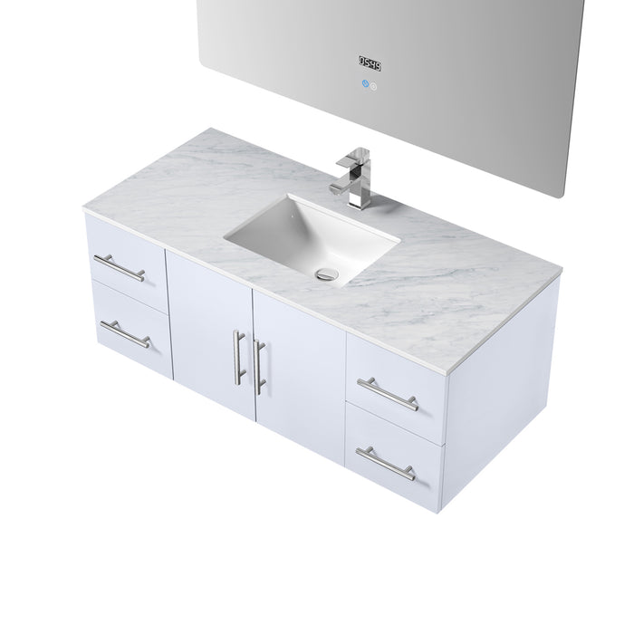 Lexora Geneva 48" Glossy White Single Vanity, White Carrara Marble Top, White Square Sink and 48" LED Mirror w/ Faucet