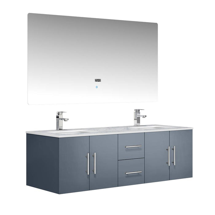 Lexora Geneva 60" Dark Grey Double Vanity, White Carrara Marble Top, White Square Sinks and 60" LED Mirror w/ Faucets
