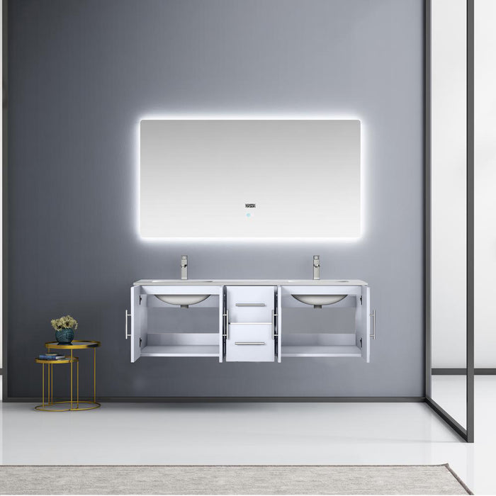 Lexora Geneva 60" Glossy White Double Vanity, White Carrara Marble Top, White Square Sinks and 60" LED Mirror w/ Faucets