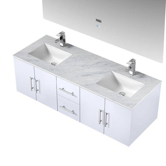 Lexora Geneva 60" Glossy White Double Vanity, White Carrara Marble Top, White Square Sinks and 60" LED Mirror w/ Faucets