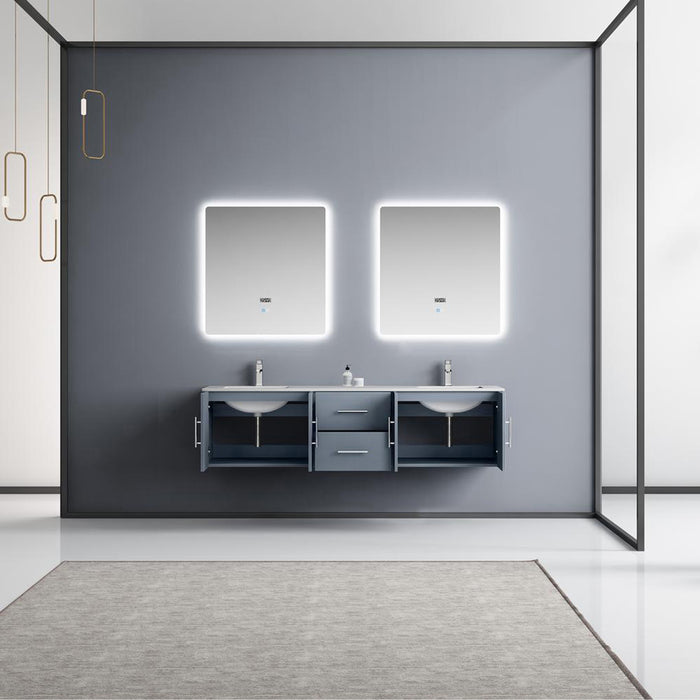 Lexora Geneva 72" Dark Grey Double Vanity, White Carrara Marble Top, White Square Sinks and 30" LED Mirrors w/ Faucets