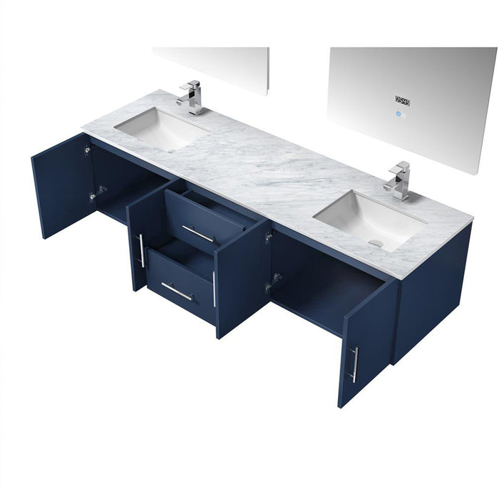 Lexora Geneva 72" Navy Blue Double Vanity, White Carrara Marble Top, White Square Sinks and 30" LED Mirrors w/ Faucets
