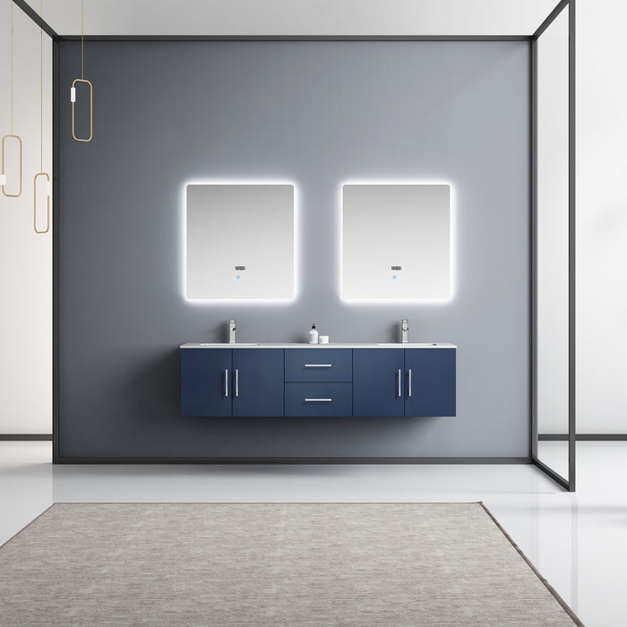 Lexora Geneva 72" Navy Blue Double Vanity, White Carrara Marble Top, White Square Sinks and 30" LED Mirrors w/ Faucets