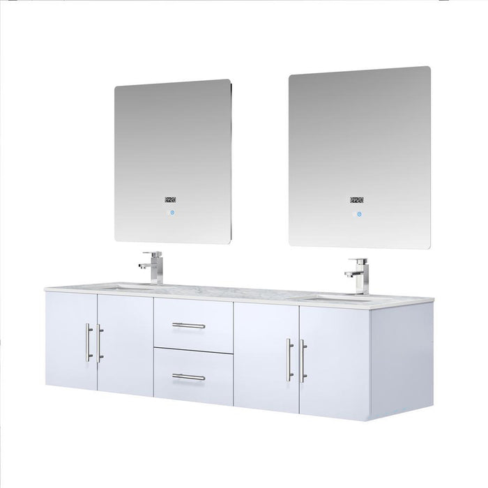 Lexora Geneva 72" Glossy White Double Vanity, White Carrara Marble Top, White Square Sinks and 30" LED Mirrors w/ Faucets