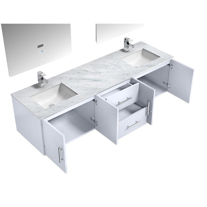Lexora Geneva 72" Glossy White Double Vanity, White Carrara Marble Top, White Square Sinks and 30" LED Mirrors w/ Faucets