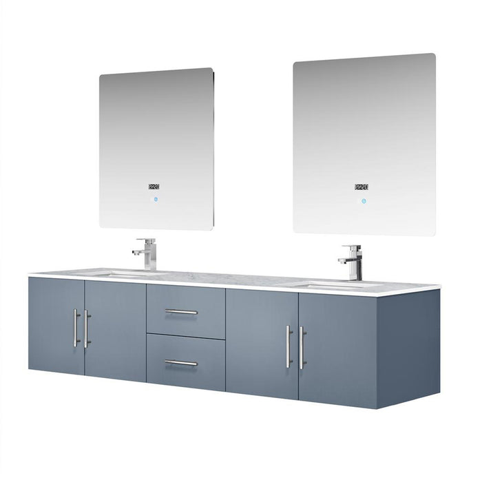 Lexora Geneva 80" Dark Grey Double Vanity, White Carrara Marble Top, White Square Sinks and 30" LED Mirrors w/ Faucets