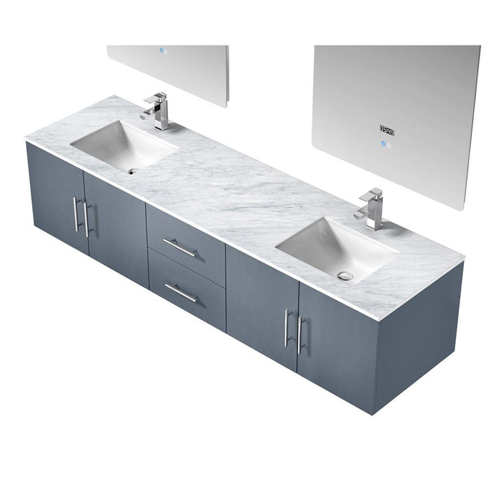 Lexora Geneva 80" Dark Grey Double Vanity, White Carrara Marble Top, White Square Sinks and 30" LED Mirrors w/ Faucets