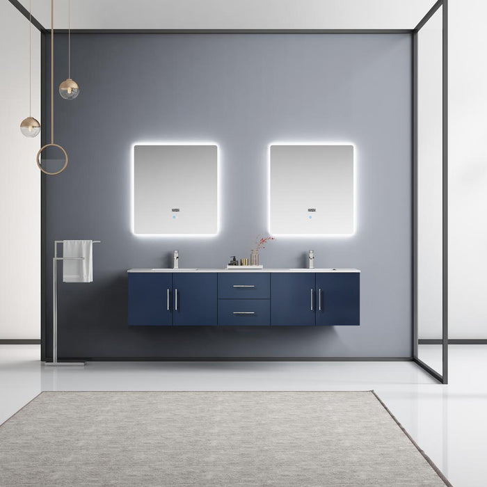 Lexora Geneva 80" Navy Blue Double Vanity, White Carrara Marble Top, White Square Sinks and 30" LED Mirrors w/ Faucets