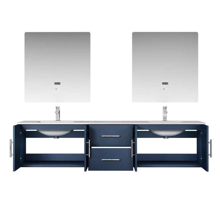 Lexora Geneva 80" Navy Blue Double Vanity, White Carrara Marble Top, White Square Sinks and 30" LED Mirrors w/ Faucets
