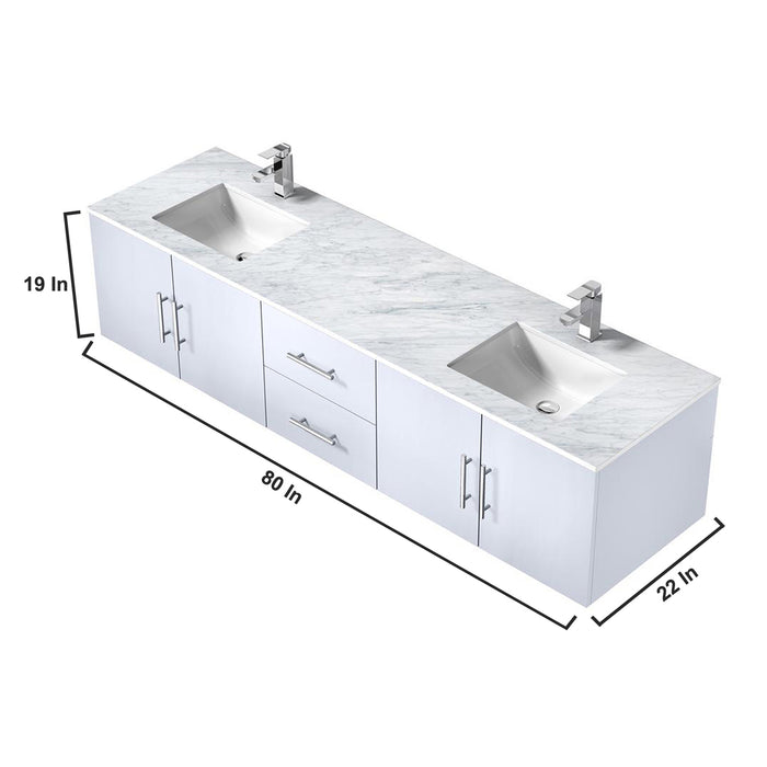 Lexora Geneva 80" Glossy White Double Vanity, White Carrara Marble Top, White Square Sinks and 30" LED Mirrors w/ Faucets