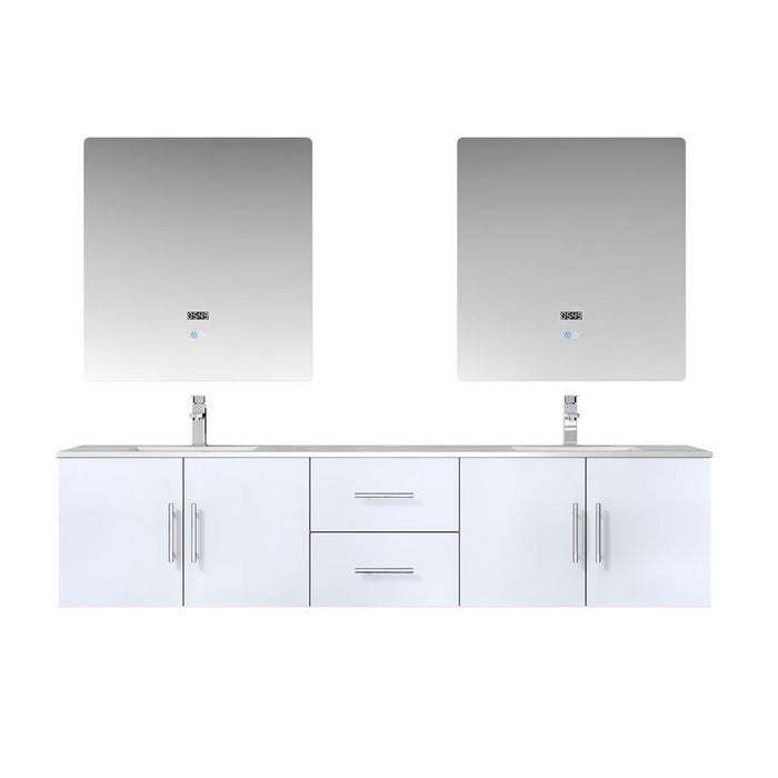 Lexora Geneva 80" Glossy White Double Vanity, White Carrara Marble Top, White Square Sinks and 30" LED Mirrors w/ Faucets