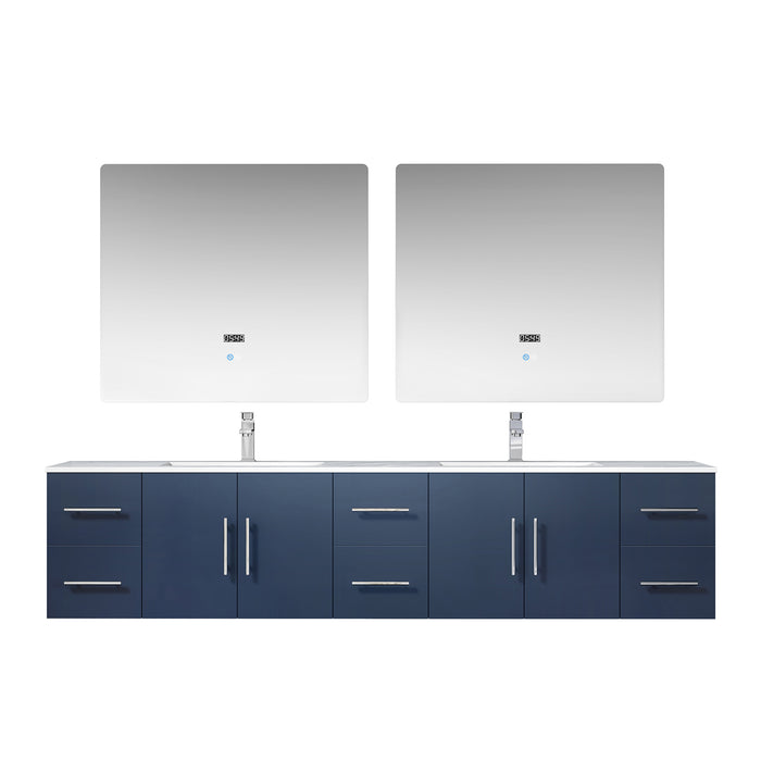 Lexora Geneva 84" Navy Blue Double Vanity, White Carrara Marble Top, White Square Sinks and 36" LED Mirrors w/ Faucets