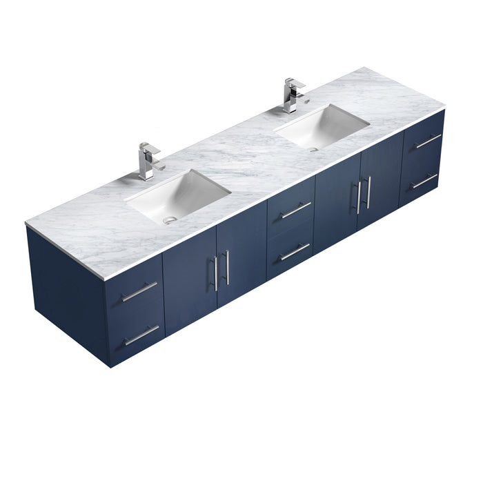 Lexora Geneva 84" Navy Blue Double Vanity, White Carrara Marble Top, White Square Sinks and 36" LED Mirrors w/ Faucets