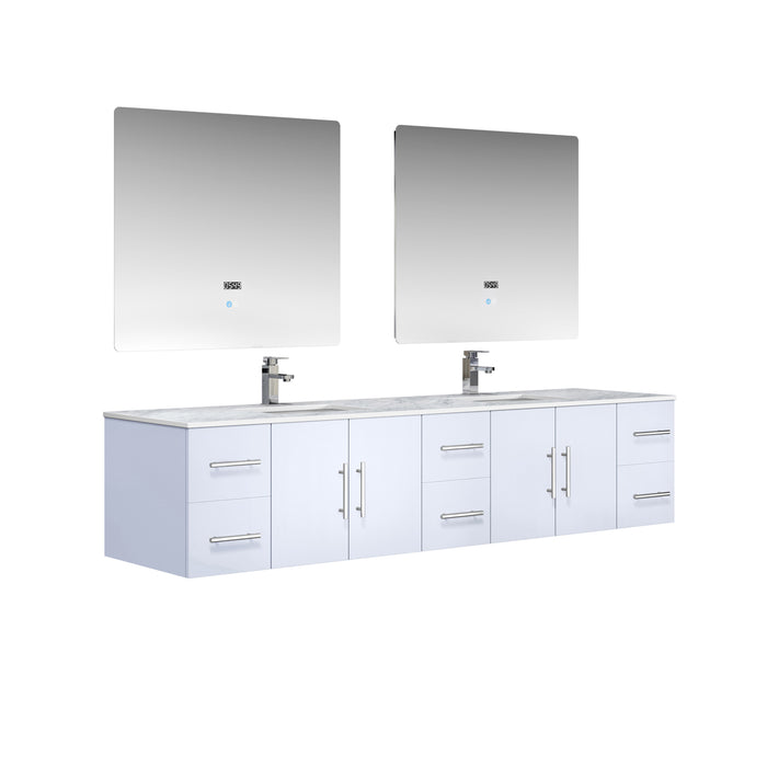 Lexora Geneva 84" Glossy White Double Vanity, White Carrara Marble Top, White Square Sinks and 36" LED Mirrors w/ Faucets