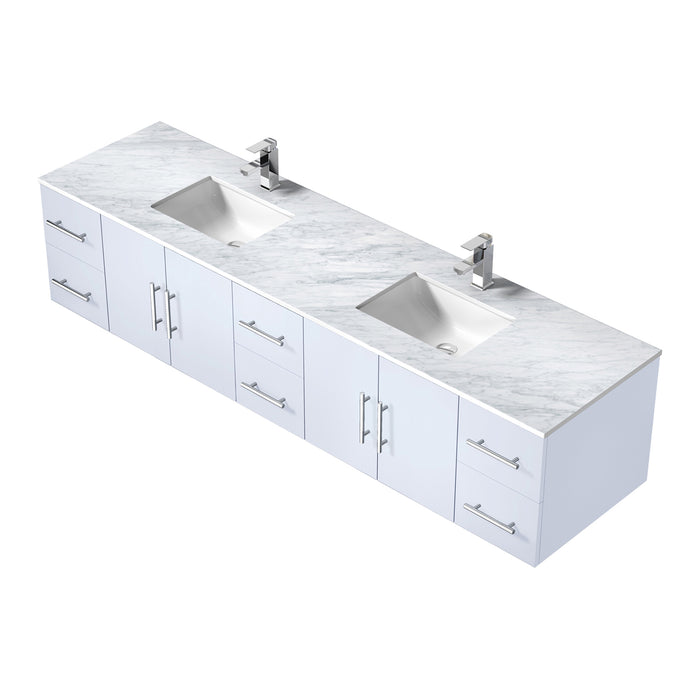 Lexora Geneva 84" Glossy White Double Vanity, White Carrara Marble Top, White Square Sinks and 36" LED Mirrors w/ Faucets