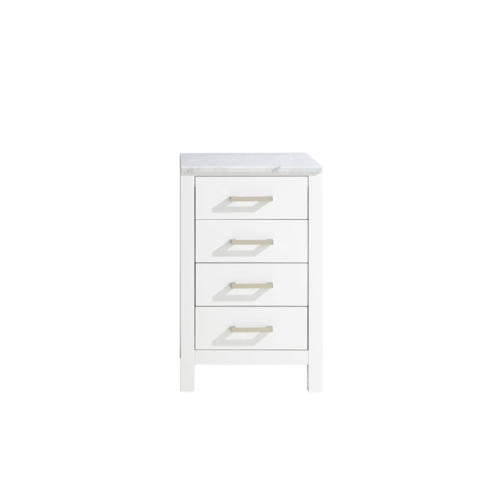Lexora Jacques 20" White Side Cabinet, White Carrara Marble Top
