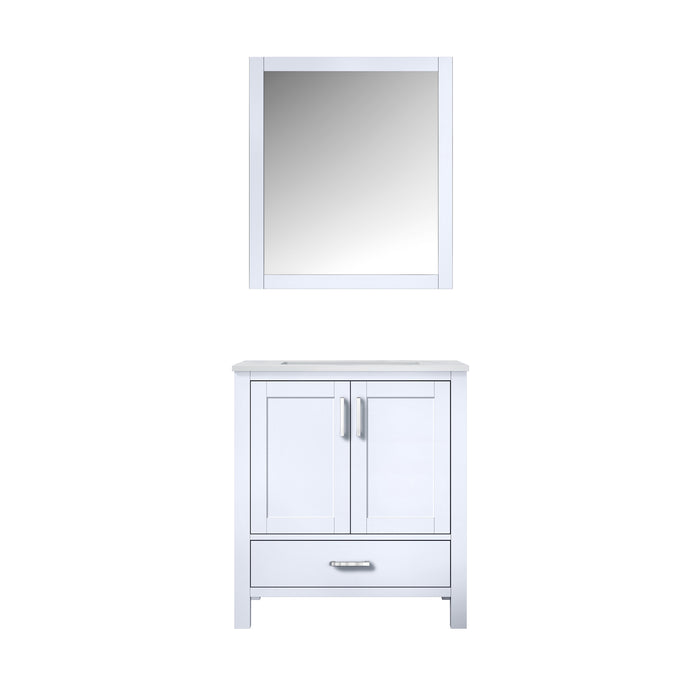 Lexora Jacques 30" White Single Vanity, White Carrara Marble Top, White Square Sink and 28" Mirror