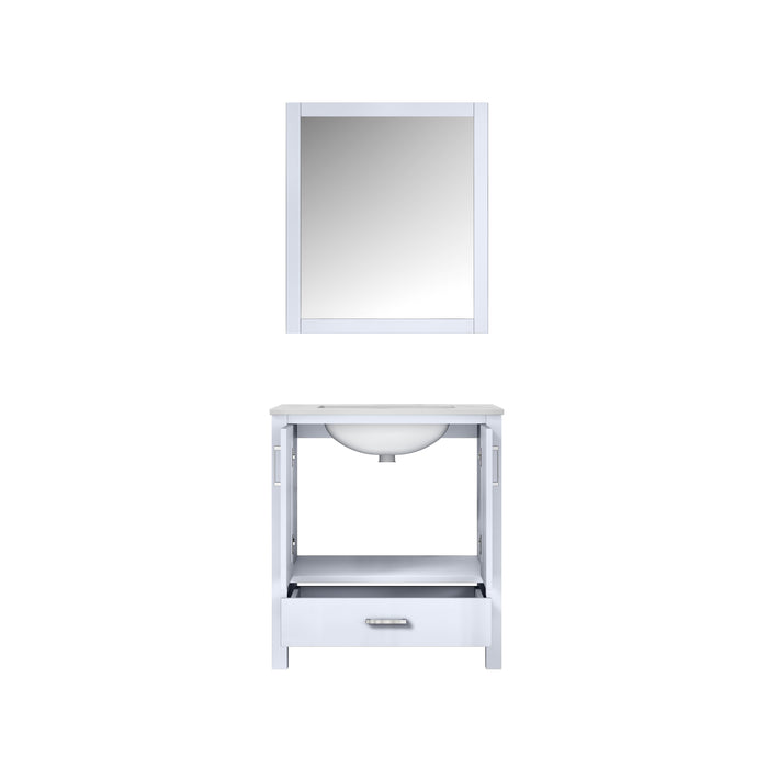 Lexora Jacques 30" White Single Vanity, White Carrara Marble Top, White Square Sink and 28" Mirror
