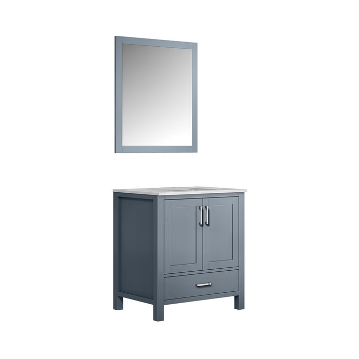 Lexora Jacques 30" Dark Grey Single Vanity, White Carrara Marble Top, White Square Sink and 28" Mirror
