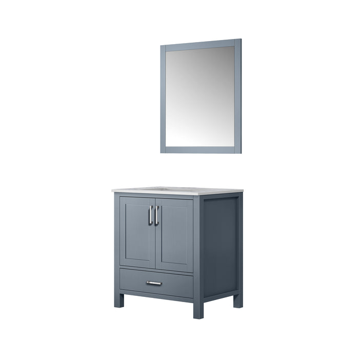 Lexora Jacques 30" Dark Grey Single Vanity, White Carrara Marble Top, White Square Sink and 28" Mirror