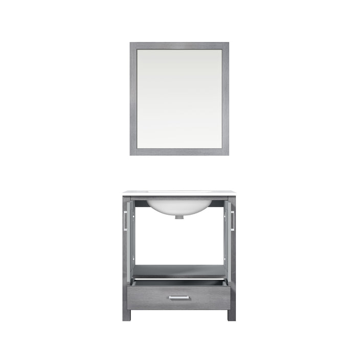 Lexora Jacques 30" Distressed Grey Single Vanity, White Carrara Marble Top, White Square Sink and 28" Mirror