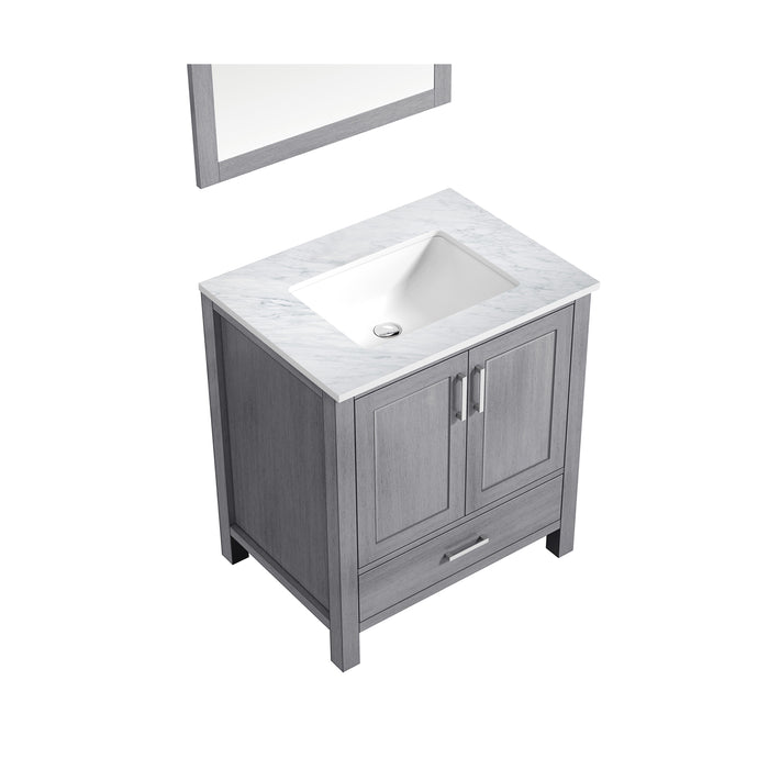 Lexora Jacques 30" Distressed Grey Single Vanity, White Carrara Marble Top, White Square Sink and 28" Mirror