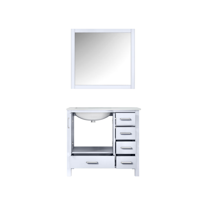 Lexora Jacques 36" White Single Vanity, White Carrara Marble Top, White Square Sink and 34" Mirror - Left Version