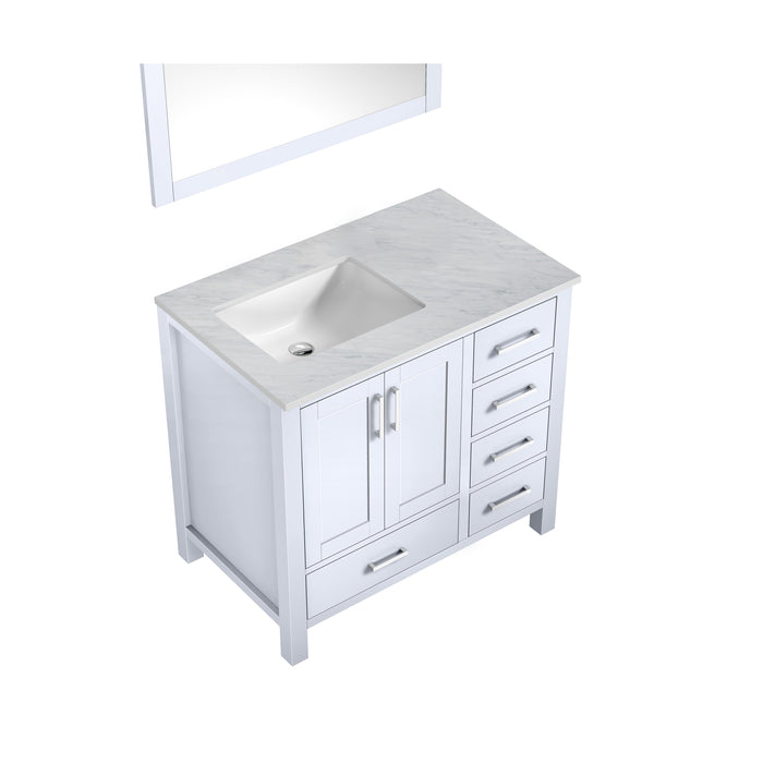 Lexora Jacques 36" White Single Vanity, White Carrara Marble Top, White Square Sink and 34" Mirror - Left Version