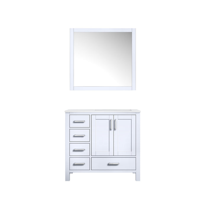Lexora Jacques 36" White Single Vanity, White Carrara Marble Top, White Square Sink and 34" Mirror - Right Version
