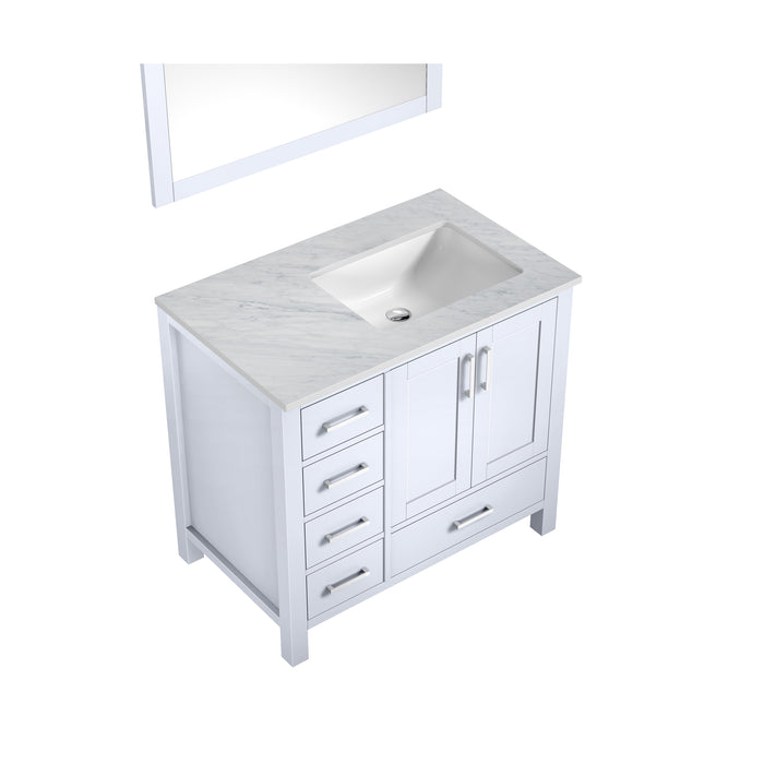 Lexora Jacques 36" White Single Vanity, White Carrara Marble Top, White Square Sink and 34" Mirror - Right Version