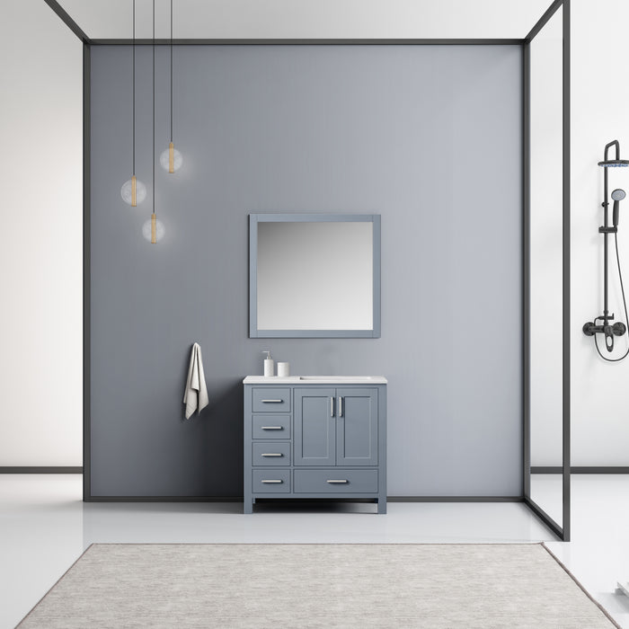 Lexora Jacques 36" Dark Grey Single Vanity, White Carrara Marble Top, White Square Sink and 34" Mirror - Right Version
