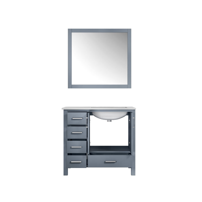 Lexora Jacques 36" Dark Grey Single Vanity, White Carrara Marble Top, White Square Sink and 34" Mirror - Right Version
