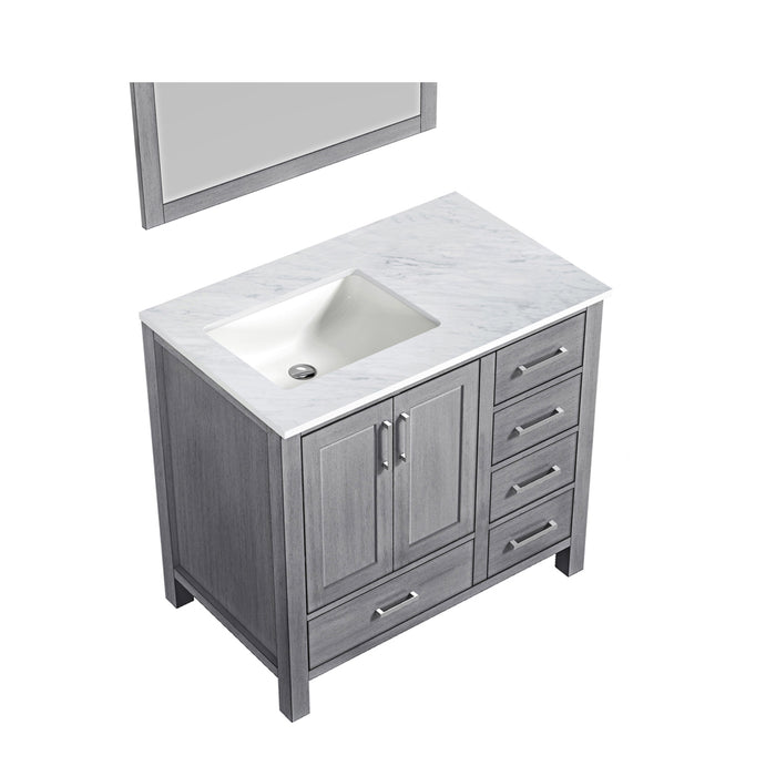 Lexora Jacques 36" Distressed Grey Single Vanity, White Carrara Marble Top, White Square Sink and 34" Mirror - Left Version