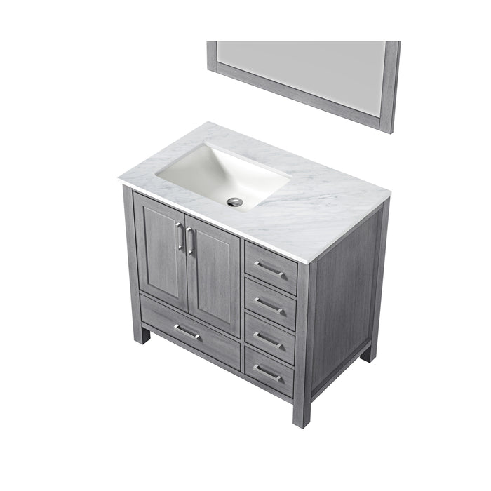 Lexora Jacques 36" Distressed Grey Single Vanity, White Carrara Marble Top, White Square Sink and 34" Mirror - Left Version