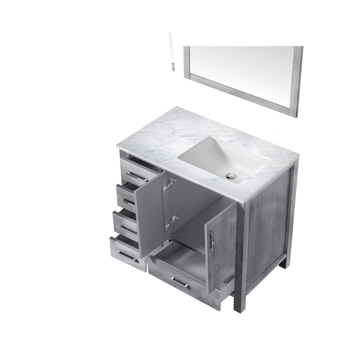 Lexora Jacques 36" Distressed Grey Single Vanity, White Carrara Marble Top, White Square Sink and 34" Mirror - Right Version