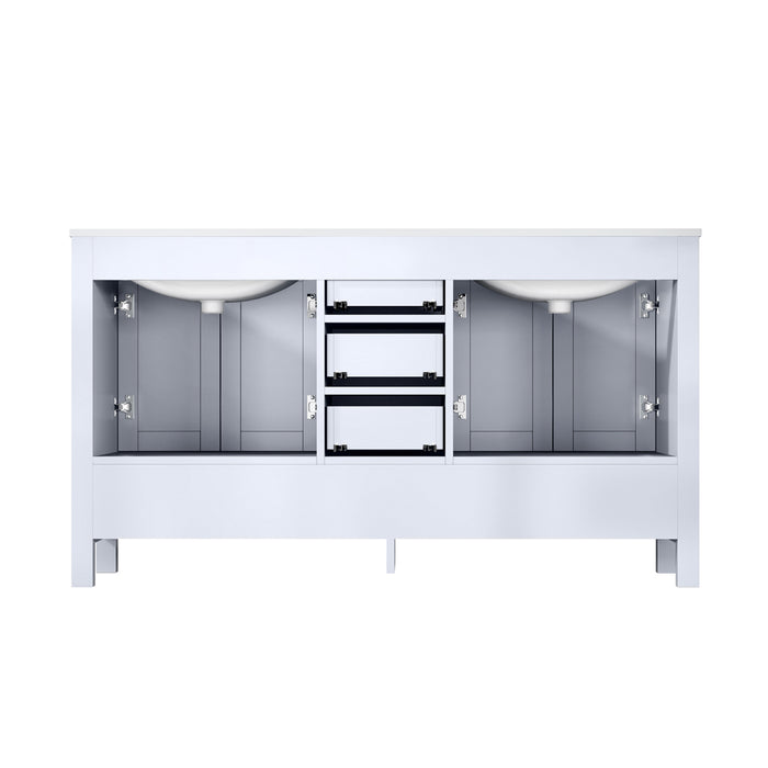 Lexora Jacques 60" Double Vanity White, White Carrera Marble Top, White Square Sinks and 58" Mirror