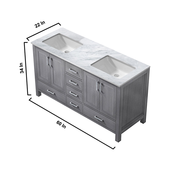 Lexora Jacques 60" Distressed Grey Double Vanity, White Carrara Marble Top, White Square Sinks and 58" Mirror