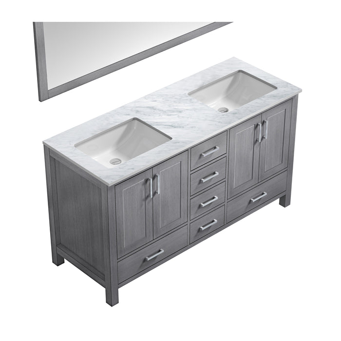 Lexora Jacques 60" Distressed Grey Double Vanity, White Carrara Marble Top, White Square Sinks and 58" Mirror