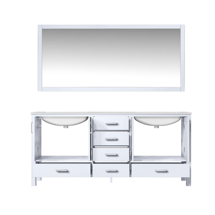 Lexora Jacques 72" White Double Vanity, White Carrara Marble Top, White Square Sinks and 70" Mirror