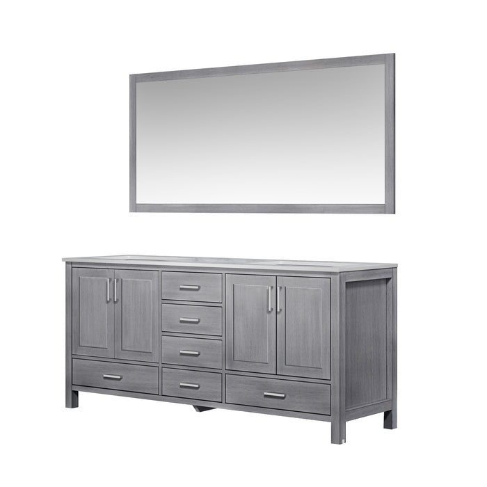 Lexora Jacques 72" Distressed Grey Double Vanity, White Carrara Marble Top, White Square Sinks and 70" Mirror