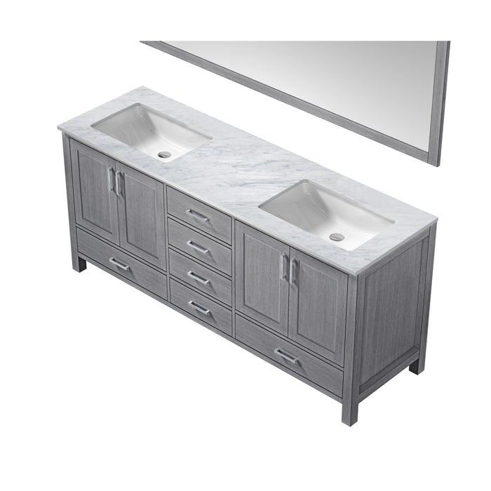 Lexora Jacques 72" Distressed Grey Double Vanity, White Carrara Marble Top, White Square Sinks and 70" Mirror