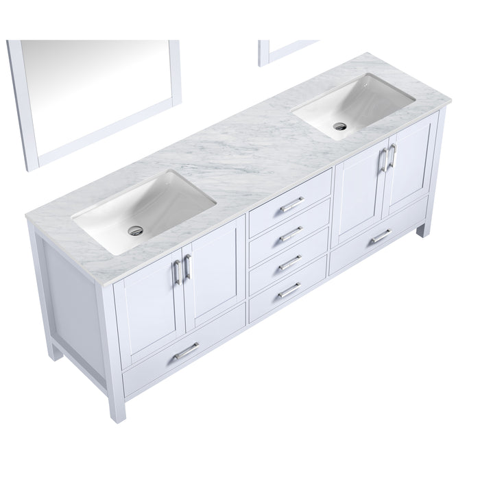 Lexora Jacques 80" White Double Vanity, White Carrara Marble Top, White Square Sinks and 30" Mirrors
