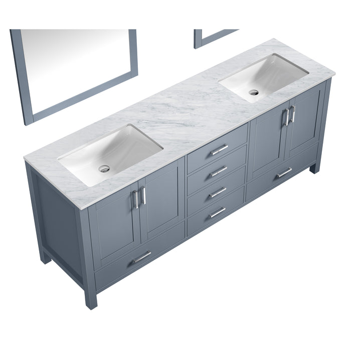 Lexora Jacques 80" Dark Grey Double Vanity, White Carrara Marble Top, White Square Sinks and 30" Mirrors